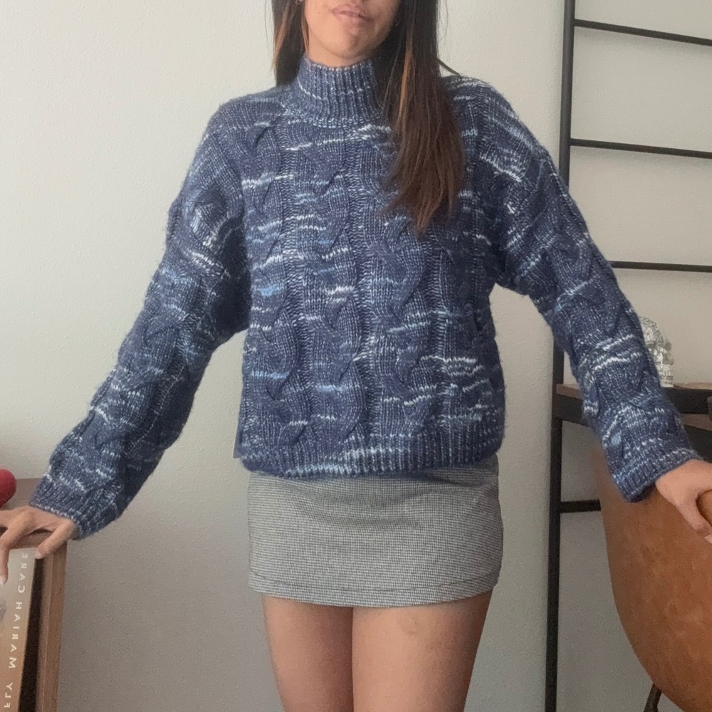 ana a new approach Womens Cable Knit Mock Neck Long Sleeve Sweater‎ Blue Large